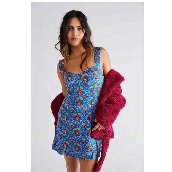 Free People Sasha Blue Floral Mini Dress Size: L - Picture 1 of 6